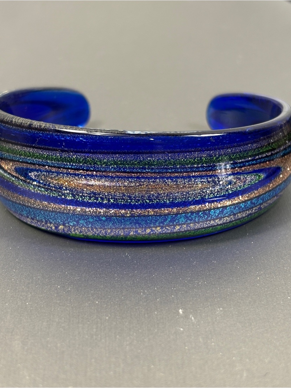 Blue Green Gold/Copper Art Glass Bracelet Cuff Size 6-3/4"